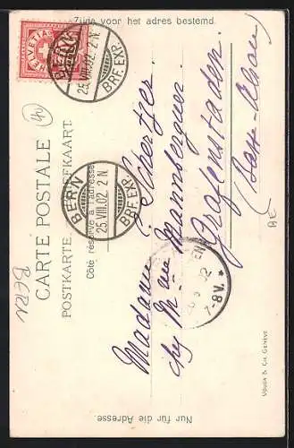 Lithographie Bern, Brückenpartie u. Teilansicht mit Kirche aus der Vogelschau