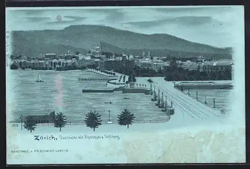 Mondschein-Lithographie Zürich, Quaibrücke mit Alpenquai u. Uetliberg, silberner Mond