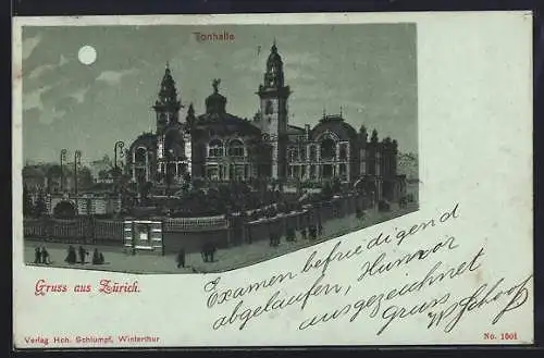 Mondschein-Lithographie Zürich, Tonhalle mit Strasse aus der Vogelschau