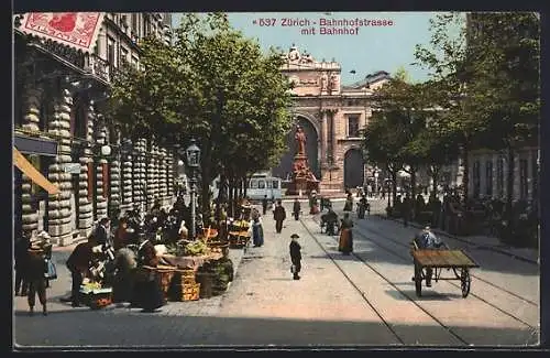 AK Zürich, Bahnhofstrasse mit Bahnhof