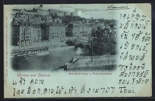 Mondschein-AK Zürich, Bahnhofbrücke u. Polytechnikum aus der Vogelschau