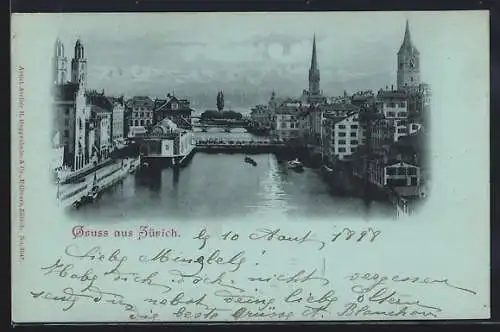 Mondschein-AK Zürich, Brückenpanorama aus der Vogelschau