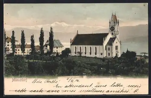 AK Männedorf, Teilansicht mit Kirche aus der Vogelschau
