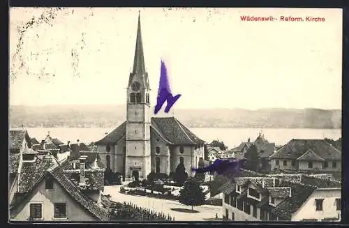 AK Wädenswil, Teilansicht mit reform. Kirche und Wasserblick aus der Vogelschau