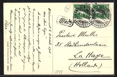 AK Wädenswil, Teilansicht mit reform. Kirche und Wasserblick aus der Vogelschau