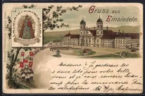 Lithographie Einsiedeln, Prozession vor dem Kloster, Gnaden-Mutter