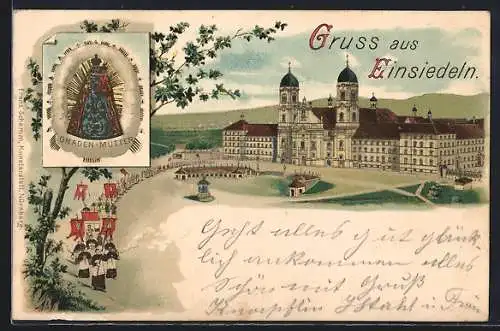 Lithographie Einsiedeln, Kloster, Gnaden-Mutter, Mönche