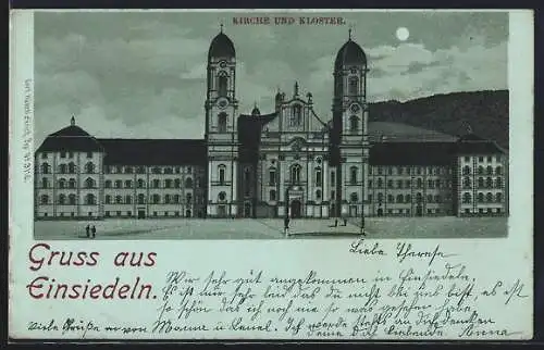Mondschein-Lithographie Einsiedeln, Kirche und Kloster