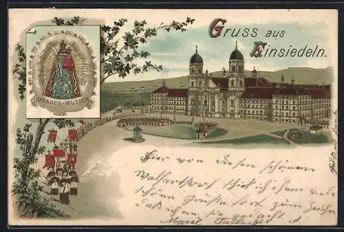 Lithographie Einsiedeln, Kloster, Gnaden-Mutter, Mönche