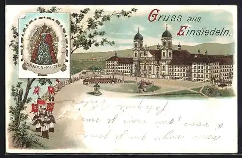 Lithographie Einsiedeln, Prozession vor dem Kloster, Gnaden-Mutter
