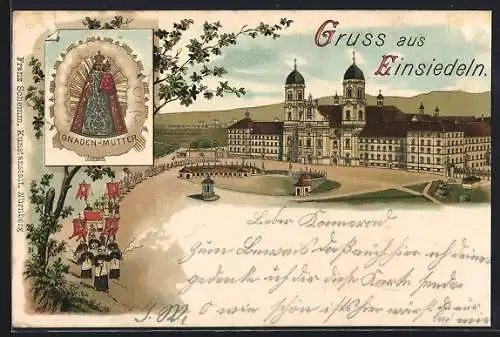 Lithographie Einsiedeln, Kloster im Barockstil, Gnaden-Mutter