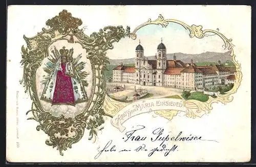 Lithographie Einsiedeln, Maria Einsiedel, Kloster, Gnadenbild