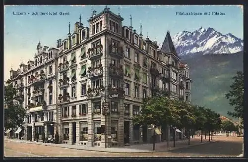 AK Luzern, Schiller Hotel Garni, Pilatusstrasse mit Pilatus