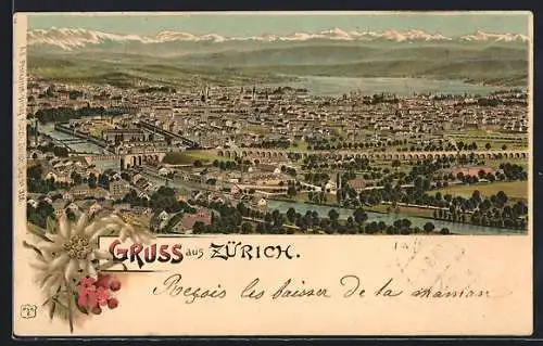 Lithographie Zürich, Gesamtansicht mit Brücken u. Alpen aus der Vogelschau, Edelweiss