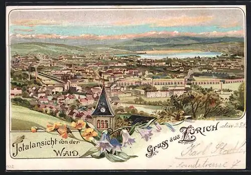 Lithographie Zürich, Totalansicht von der Waid