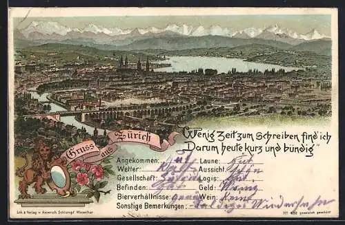 Lithographie Zürich, Gesamtansicht mit Alpenpanorama