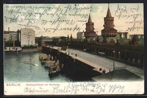 AK Berlin-Friedrichshain, Oberbaumbrücke mit Hochbahn