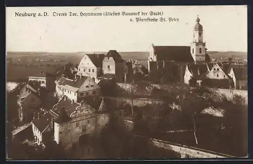 AK Neuburg a. D., Oberes Tor, Herenturm und Pfarrkirche St. Peter