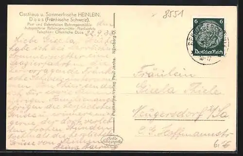 AK Doos /Fränkische Schweiz, Gasthaus und Sommerfrische Heinlein aus der Vogelschau