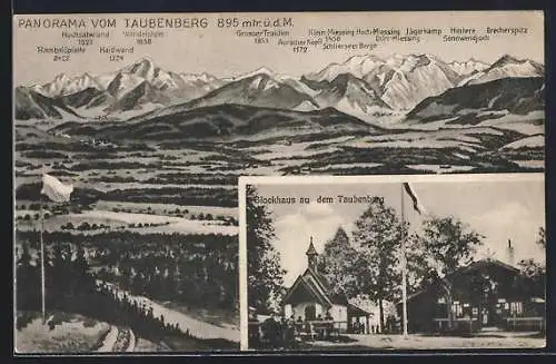 AK Warngau, Blockhaus auf dem Taubenberg, Panoramablick auf das Gebirge