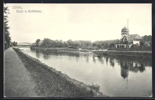 AK Lübeck, Blick auf den Kanal mit Bootshaus