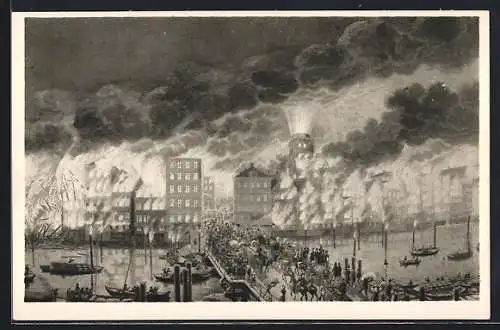 Künstler-AK Hamburg, Brand der Nikolaikirche 1842 von der Holzbrücke aus