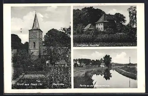 AK Heek i. W., Pfarrkirche, Ludgerus Hospital und Partie an der Wassermühle