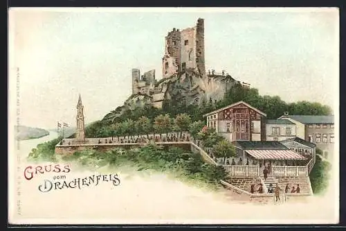 Lithographie Burgruine Drachenfels, leuchtende Fenster und Mond