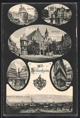AK Hildesheim, Rathaus, Rolandbrunnen, Zuckerhut und Markt