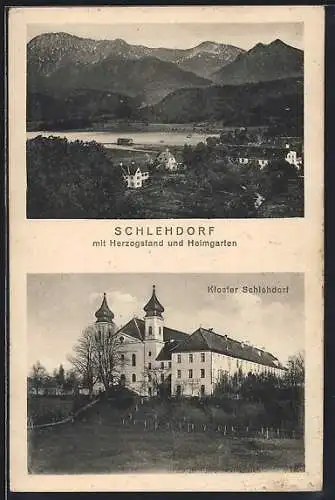 AK Schlehdorf, Kloster Schlehdorf, Ortsansicht mit Herzogstand und Heimgarten