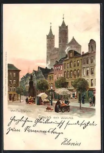 Lithographie Worms, Marktplatz mit Ständen