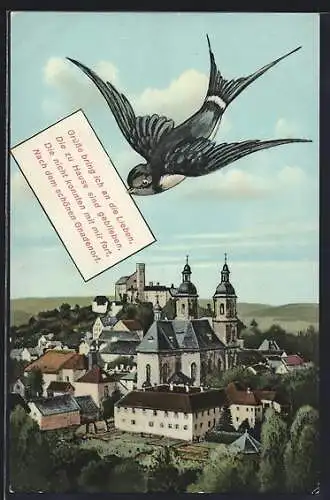 AK Gössweinstein, Ortsansicht und Schwalbe mit Gedicht im Schnabel