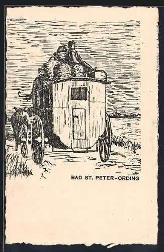 Künstler-AK St. Peter-Ording, Pferdekutsche auf einem Weg