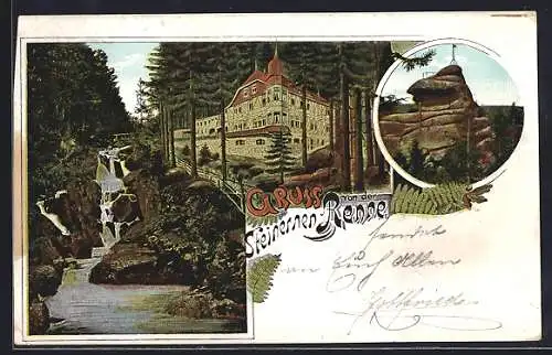 AK Wernigerode, Gasthaus Steinerne Renne, Wasserfall und Felsen