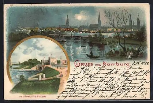 Lithographie Hamburg, Stadtansicht vom Fluss aus, Uhlenhorst mit Feenteichbrücke