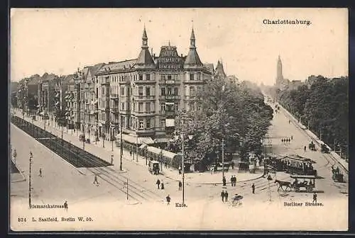 AK Charlottenburg, Hotel Bismarck mit Strassenpartie, Berliner Strasse, Strassenbahn, Littfasssäule