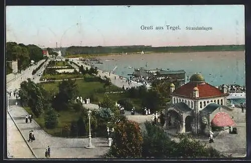 AK Berlin-Tegel, Blick auf die Strandanlagen mit Passanten