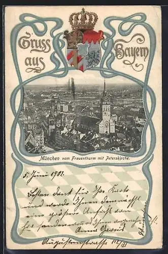 AK München, Blick auf die Stadt vom Frauenturn mit Peterskirche, Wappen
