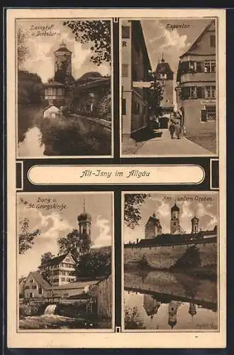 AK Isny im Allgäu, Espentor, Zwinghof u. Diebsturm, Burg und St. Georgskirche
