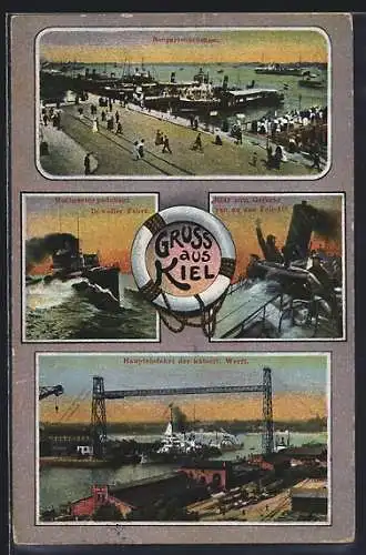 AK Kiel, Seegartenbrücken, Haupteinfahrt d. Kaiserl. Werft und Hochseetorpedoboot