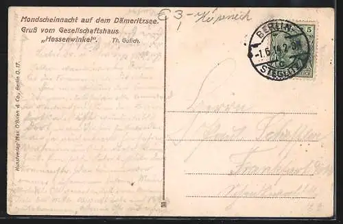 AK Berlin, Mondscheinnacht auf dem Dämeritzsee in Köpenick