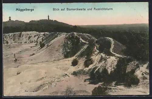 AK Berlin, Die Müggelberge in Köpenick, Blick auf die Bismarckwarte und Aussichtsturm