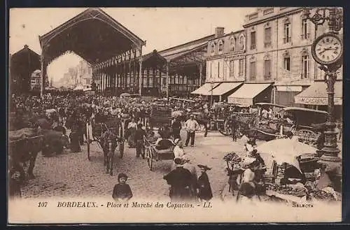 AK Bordeaux, Place et Marché des Capucins avec foule animée et étals de marché
