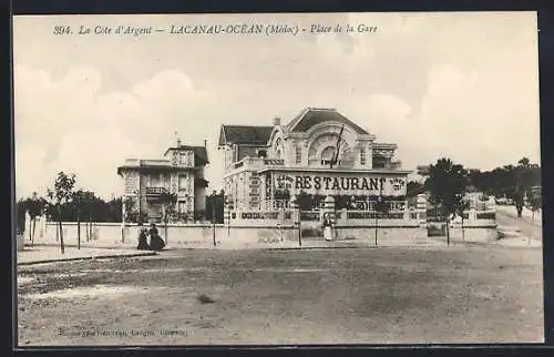 AK Lacanau-Océan, Place de la Gare mit Restaurant im Hintergrund