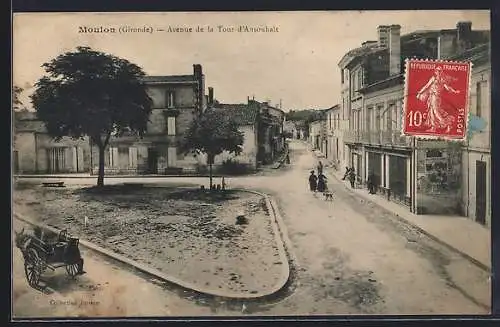 AK Moulon, Avenue de la Tour d`Ansouhait avec calèche et passants