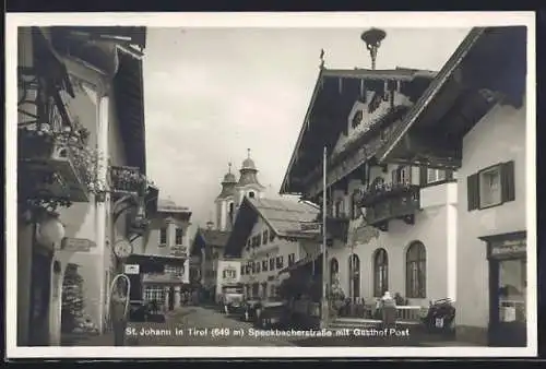 AK St. Johann in Tirol, Tankstelle mit Gasthof Post in der Speckbacherstrasse