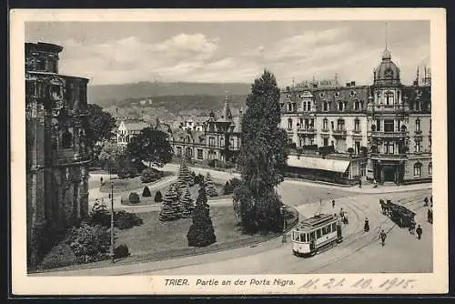 AK Trier, Partie an der Porta Negra mit Strassenbahn