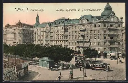 AK Wien, Stubenring mit Handels- u. Gewerbekammer aus der Vogelschau, Strassenbahn, Litfasssäule