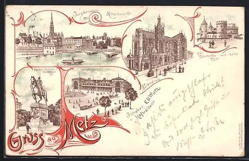 Lithographie Metz, Kathedrale, Deutsches Thor, Jungfernwehr