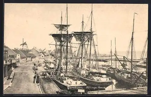 AK Bornholm, Allinge Havn, historische Segelschiffe im Hafen, Windmühle